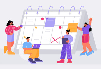 People organize work with calendar, agenda schedule. Vector flat illustration of time management, business plan. Men and women employees mark events, tasks and routines on daily planner