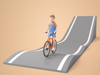 3D illustration character cute boy enjoy riding bicycle on road rendering