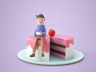 3D illustration character young man sitting on cake rendering
