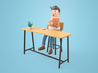 3D illustration character young man sitting in coffee shop rendering