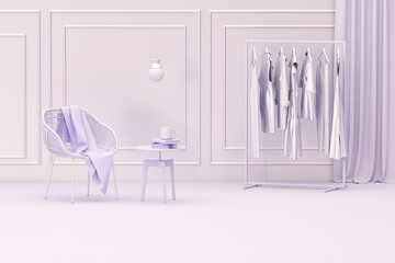 Clothes hanging on a rack, lamp and armchair on purple room background. Creative composition. Light background with copy space. 3D render for web page, presentation, studio, store fashion	