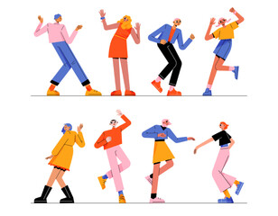Fototapeta na wymiar People dance, move body at music tunes. Young male and female characters enjoying melodies. Excited men and women dancing and rejoice at disco party or celebration, Line art flat vector illustration