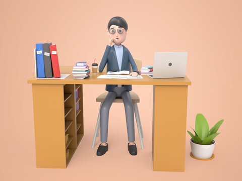 recommend clip art: 3D illustration young businessman working on desk with laptop at office