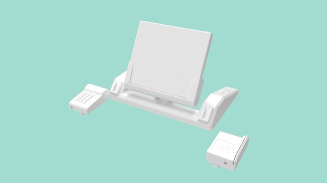 3D Rendering Of A Pos Terminal Payment Cash Register Digital Display Dummy Template Mock Up Purchase Machine System. Isolated In Studio Background