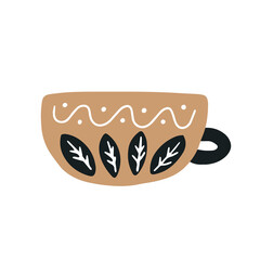 Single brown ceramic coffee or tea cup with ornament isolated on a white background. Hand drawn flat vector illustration in childish style. Graphic element for your t shirt, greeting design.