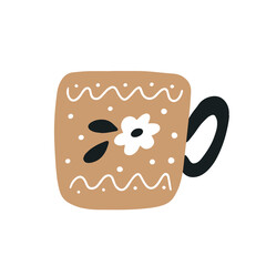 Single brown ceramic coffee or tea cup with ornament isolated on a white background. Hand drawn flat vector illustration in childish style. Graphic element for your t shirt, greeting design.