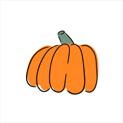 A cute one orange pumpkin. Vector graphic for poster, postcard, t shirt design. Hand drawn outline illustration in doodle style. Autumn food, Halloween celebration
