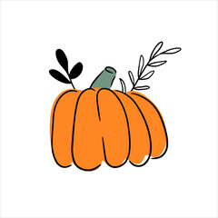 A cute one orange pumpkin with decorative elements. Vector graphic for poster, postcard, t shirt design. Hand drawn outline illustration in doodle style. Autumn food, Halloween celebration