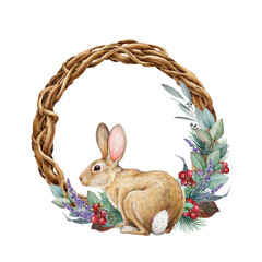 Wintertime floral wreath with bunny. Watercolor illustration. Hand drawn cute small rabbit with twisted vine wreath, pine branches, eucalyptus, lavender, red berries. Winter vintage style decor