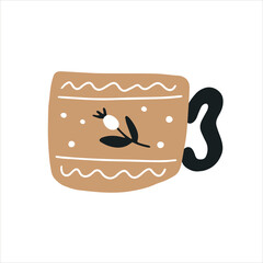 Single brown ceramic coffee or tea cup with ornament isolated on a white background. Hand drawn flat vector illustration in childish style. Graphic element for your t shirt, greeting design.