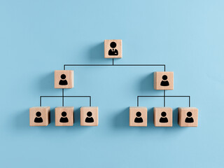 Company hierarchical organizational chart of wooden cubes on blue background. Human resources management and business concept - obrazy, fototapety, plakaty
