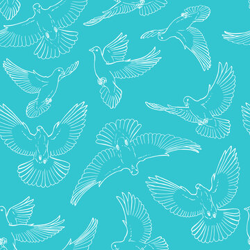 Seamless pattern with hand drawn dove outline. Line art style.