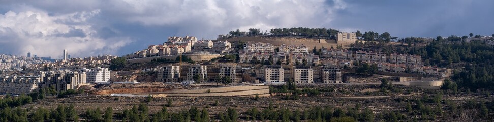 Fototapeta na wymiar Very large panoramic view of Gilo - Israeli settlement in south-western Jerusalem