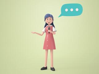Happy woman holding microphone with bubble speech on isolated background