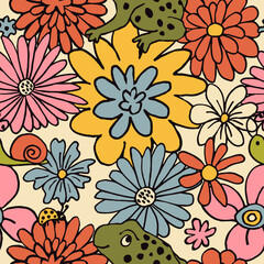 Retro 70s hippie vibrant summer seamless pattern. Floral print. - 520479855