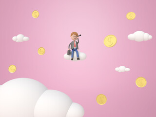 Businessman looking at telescope while sitting on cloud