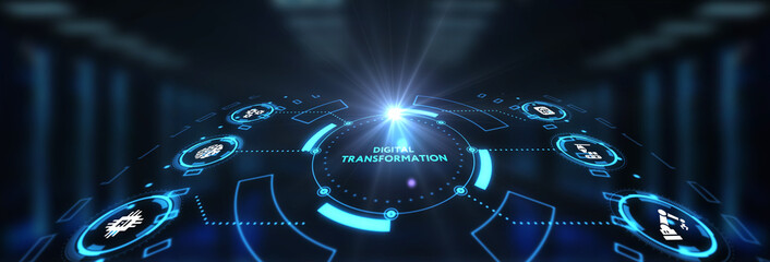 Concept of digitization of business processes and modern technology. Digital transformation.   3d illustration