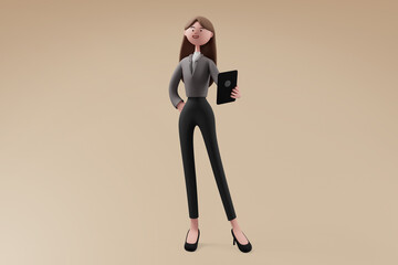 Fototapeta na wymiar Attractive business woman in formal clothes is holding a tablet device and smiling on isolated background