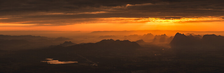 Fototapeta na wymiar Sunset at Loei Province, Phu Kradueng National Park Thailand. Landscape view from mountain.