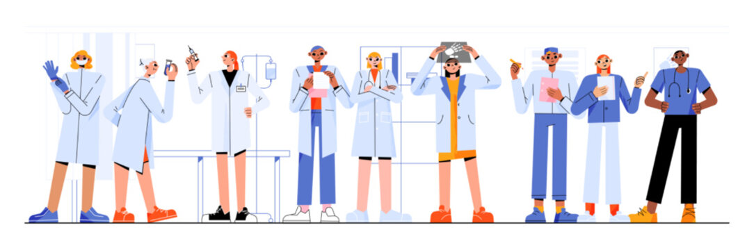 Doctors and nurses hospital staff. Medicine characters in uniform, clinic personnel team wear white robe holding medical tools, clipboard, x-ray or test flas, syringe Line art flat vector illustration