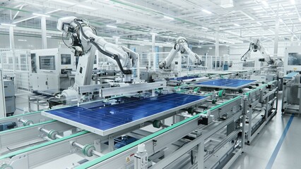 Wide Shot of Solar Panel Production Line with Robot Arms at Modern Bright Factory. Solar Panels are being Assembled on Conveyor. - obrazy, fototapety, plakaty