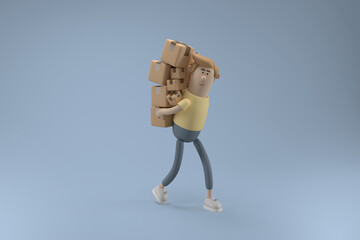 3D character young deliverman carrying packages on back