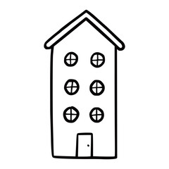 Doodle building. Hand drawn sketch style home. House building with window, roof. Vector illustration for building icon.