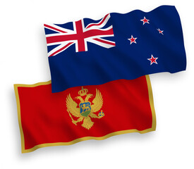 National vector fabric wave flags of New Zealand and Montenegro isolated on white background. 1 to 2 proportion.