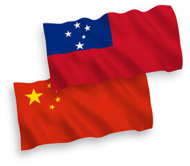 National vector fabric wave flags of Independent State of Samoa and China isolated on white background 1 to 2 proportion.