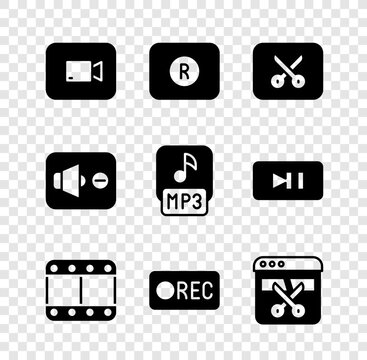 Set Play video button, Record, Music editing, Video recorder editor, Speaker mute and MP3 file icon. Vector