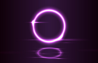 Round circle picture with light purple tone neon color  glow in the dark and water reflection on black background
