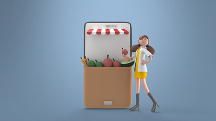 3D illustration of Woman shopping online with application on mobile phone