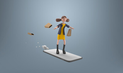 3D illustration of Woman shopping online with application on mobile phone