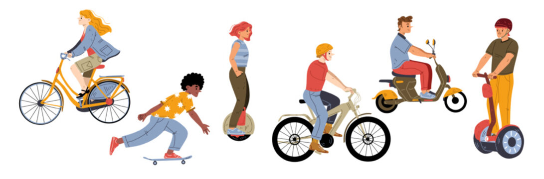 People riding eco city transport, young characters use green electric scooter, hoverboard, monowheel, skateboard and bicycle nature friendly transportation, Line art flat vector illustration, set