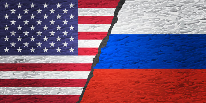 USA vs Russia Flag Textured Wall Background Vector Illustration