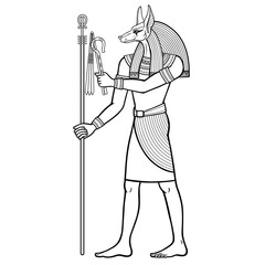 Animation portrait: Ancient Egyptian god Anubis 
holds symbols of the power. God of death and afterworld. View profile. Full growth. Vector illustration isolated on a white background.