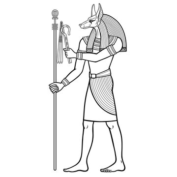 recommend clip art: Animation portrait: Ancient Egyptian god Anubis 
                    holds symbols of the power. God of death and afterworld. View profile. Full growth. Vector illustration isolated on a white background.