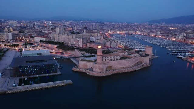 Aerial photo of Fort Saint-Jean and Old Port of Marseille, southern France.