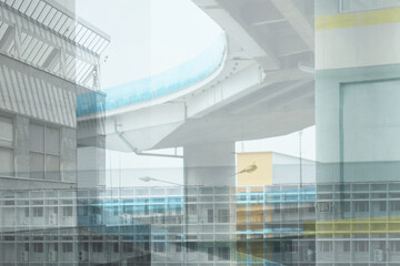 Double exposure blurred abstract image of urban buildings and elevated expressway infrastructure for construction industry and property business presentation and report background.