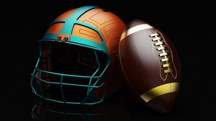 Naklejka premium American football Orange-Green Red helmet and Brown-Black Ball under foggy black laser lighting. 3D illustration. 3D CG. 3D high quality rendering.