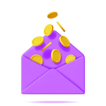 3D Opened Envelope with Gold Coin Inside