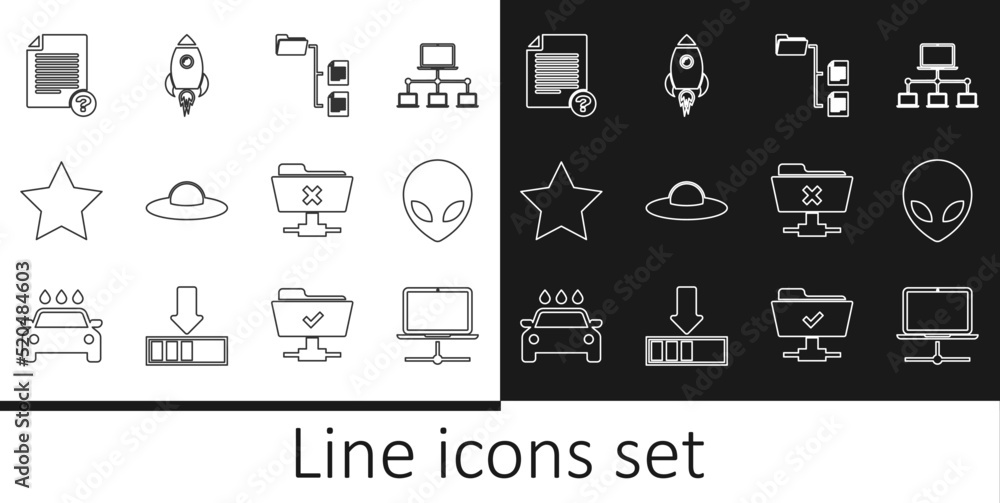 Poster set line computer network, alien, folder tree, ufo flying spaceship, star, unknown document, ftp can
