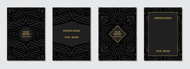 Cover set, vertical templates. Collection of relief black backgrounds with 3d pattern, geometric ornamental ethnic texture. Tribal heritage of the East, Asia, India, Mexico, Aztecs, Peru.