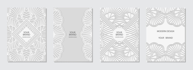 Cover set, vertical templates. Collection of relief white backgrounds with 3d pattern, geometric ornamental ethnic texture. Tribal heritage of the East, Asia, India, Mexico, Aztecs, Peru.