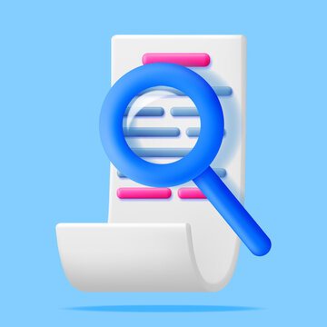 3D Paper Document with Magnifying Glass Isolated.