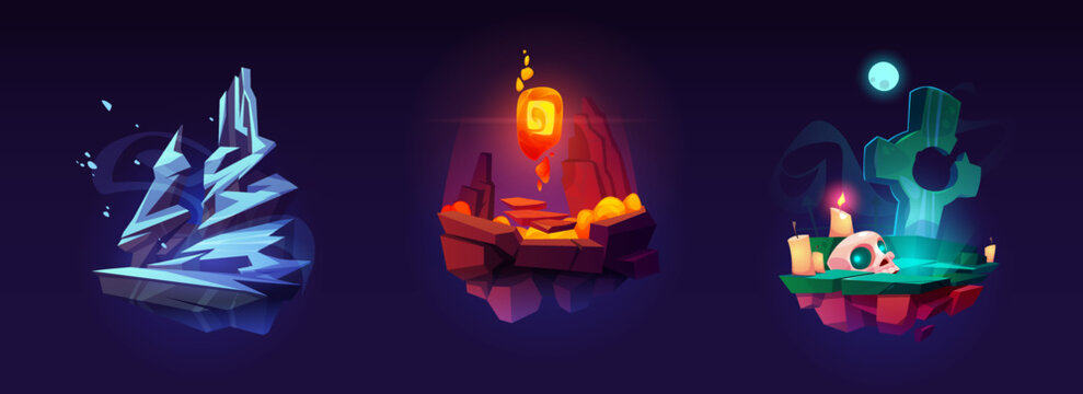 Floating islands, game background, level design. Cartoon 2d ui nature location with flying platforms. Rocks with ice and lava, graveyard cross, skull and candles arcade landscape, elements for jumping