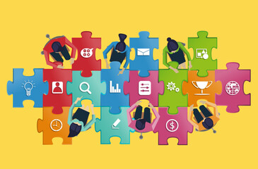 Naklejka premium Businessman and Lady Brainstorming.Per Jigsaw Pictures of Success. modern design Idea Concept. flat vector illustration