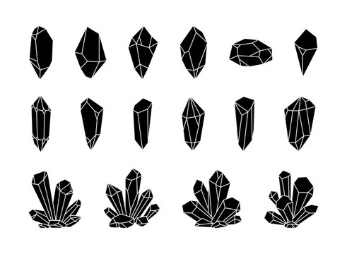 Crystals or gemstones silhouette collection, gem set. Jewelry stone or diamond. Black and white isolated objects vector illustration