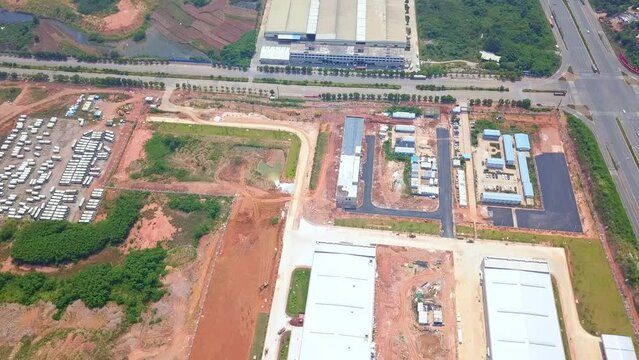 Aerial shot of factories in an urban industrial zone in Nanning, Guangxi, China