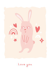 Cute rabbit in love print. Bunny with hearts in eyes, text love you, star and rainbow on abstract background. Romantic simple card with animal in pastel pink colors. Comic Valentine's Day illustration
